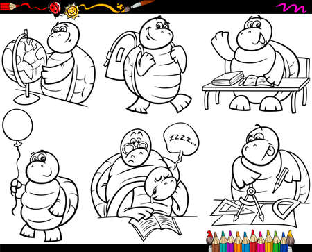 Coloring Book Or Page Cartoon Illustration Of Black And White Funny Turtle Animal Character At School