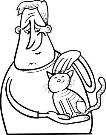 Black And White Cartoon Illustration Of Man Stroking His Cat Or Kitten For Coloring Book Stock