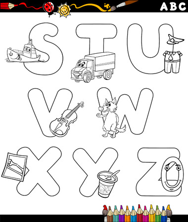 Black And White Cartoon Illustration Of Capital Letters Alphabet With Objects For Children Education From S