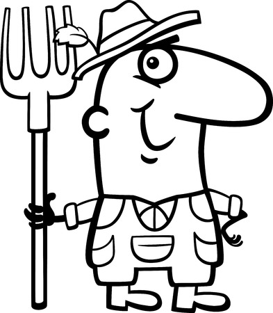 Black And White Cartoon Illustration Of Funny Farmer Worker Professional Occupation For Coloring Book