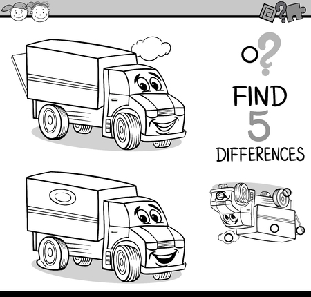 Black And White Cartoon Illustration Of Finding Differences Educational Task For Preschool Children With Truck Transport