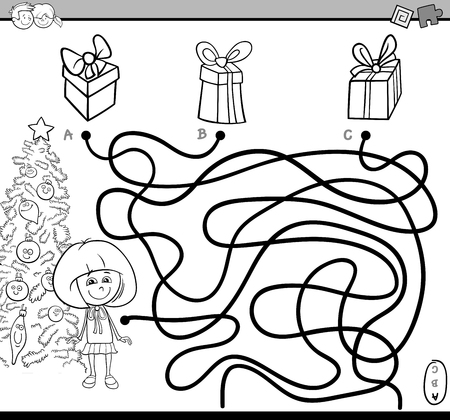 Black And White Cartoon Illustration Of Educational Paths Or Maze Puzzle Activity With Little Girl