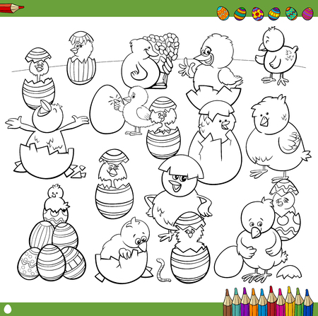 Black And White Cartoon Illustration Of Happy Easter Chick Characters With Eggs Coloring Book