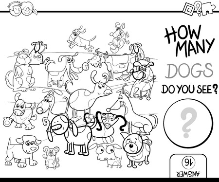 black and white cartoon illustration of educational counting dog cartoon for children