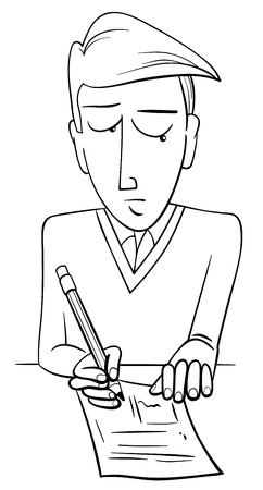 black and white cartoon illustration of teenage boy student doing