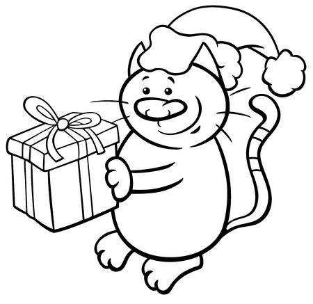 猫や子猫の動物キャラクター塗り絵のクリスマス プレゼントとの黒と白の漫画イラスト のイラスト素材 ベクタ Image