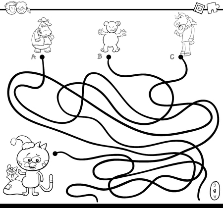 Black And White Cartoon Illustration Of Paths Or Maze Puzzle Activity Game With Animal Characters On