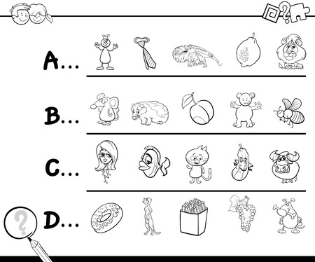 Black And White Cartoon Illustration Of Finding Picture Starting With Referred Letter Educational Game Worksheet For