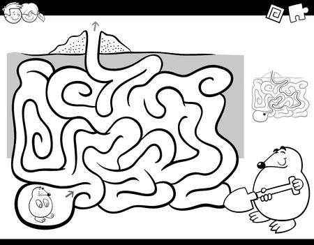 Black And White Cartoon Illustration Of Education Maze Or Labyrinth Activity Game For Children With Mole