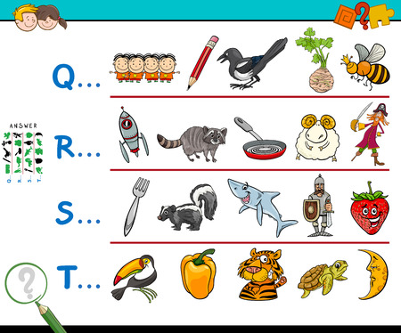子供のためと呼ばれる文字教育ゲーム ワークシートから始まる画像を見つけるの漫画イラスト のイラスト素材 ベクタ Image