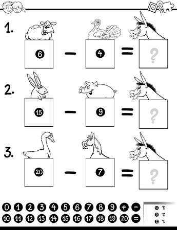 Black And White Illustration Of Educational Mathematical Subtraction Puzzle Game For Preschool Elementary Age Children