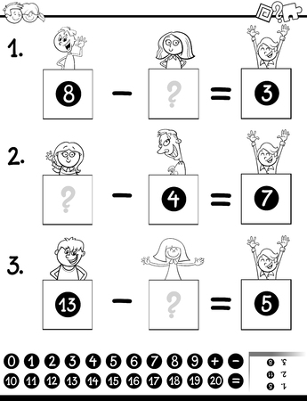 Black And White Cartoon Illustration Of Educational Mathematical Subtraction Puzzle Game For Preschool Elementary Age