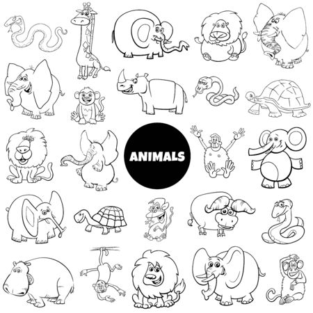 Black and white cartoon illustration of wild african animal characters large set coloring book page Stock Photo