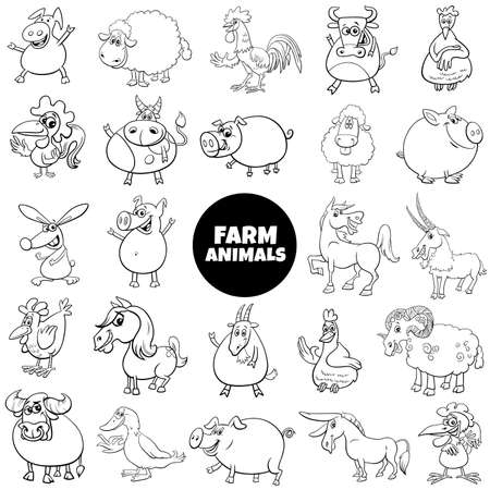 Black and White Cartoon Illustration of Comic Farm Animal Characters Big Set