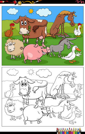 Cartoon illustration of funny farm animals characters group on the pasture coloring book page