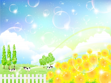 向日葵の花の背景の牛の牧場のイラスト素材 ベクタ Image