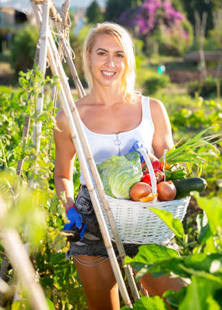 Woman posing in garden with picked vegetables - 156637001