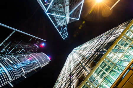 Night view of hong kong central modern business buildings in hong kong, asia.