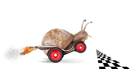 Speedy snail like car racer. Concept of speed and success. Wheels are blur because of moving. Isolated on white background