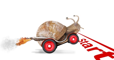 Speedy snail like car racer. Concept of speed and success. Wheels are blur because of moving. Isolated on white background