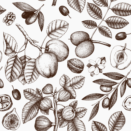 Seamless pattern with hand drawn trees sketch. Spring background with decorative olive, apple, fig, walnut illustration. Vector botanical elements. Vector Illustration