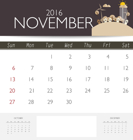 2016 calendar monthly calendar template for november vector
