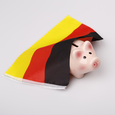 かわいいブタの貯金箱と中国の国旗 中国の概念でお金を節約します の写真素材 画像素材 Image