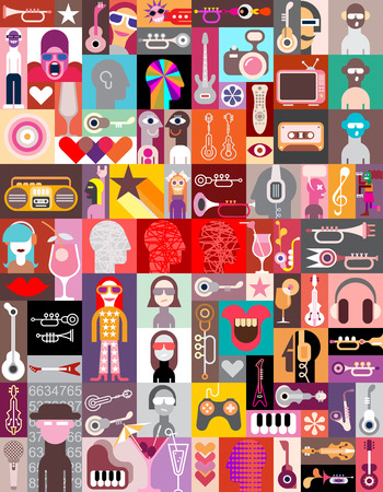 人々 の肖像画と音楽テーマ画像のベクトル Pop アート コラージュ 多くの様々 なイメージのグラフィック アートの組成物 シームレスな壁紙として使用することができます のイラスト素材 ベクタ Image 人々 の肖像画と音楽テーマ画像のベクトル Pop アート コラージュ 多くの様々 なイメージのグラフィック アートの組成物 シームレスな壁紙として使用することができます のイラスト素材 ベクタ Image