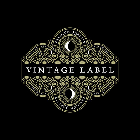 Vintage flourishes luxury elegant ornament label template with sun in trendy linear style vector illustration Stock Photo