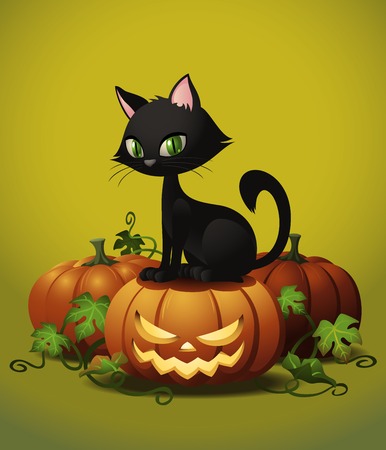 A cute black cat on a Halloween pumpkin.