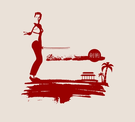 剣の戦いカンフー ポーズで女性のカンフー武術シルエット のイラスト素材 ベクタ Image