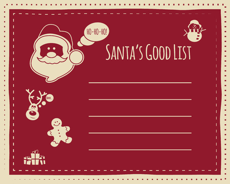 Santa's good list background concept for kids, with space for text. funny characters included - snowman deer and sweets, gifts. new year, xmas celebration. vector illustration.