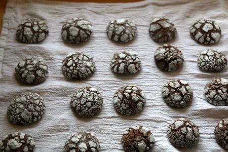 チョコレート クラックル クッキーは 白いナプキンに構成されています 造粒 粉砂糖で飾られました 選択と集中 の写真素材 画像素材 Image