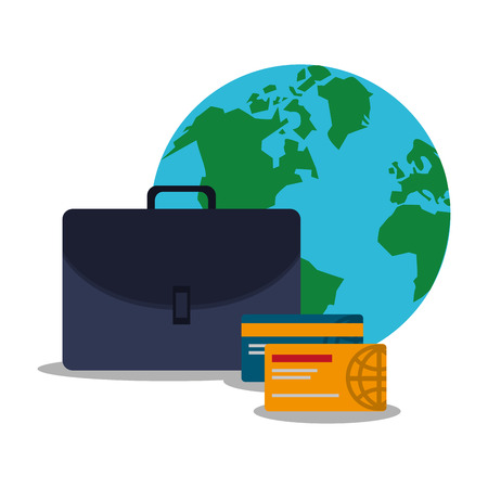 Suitcase credit card and planet icon digital marketing ecommerce shopping online and media theme colorful design vector illustration Stock Photo