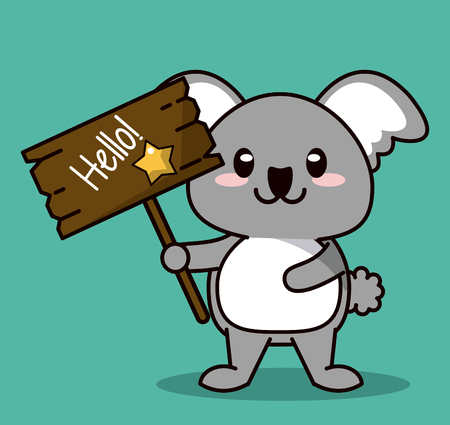 こんにちは木製の看板と星ベクトル イラストでかわいい動物コアラ立っていると緑の色の背景 のイラスト素材 ベクタ Image