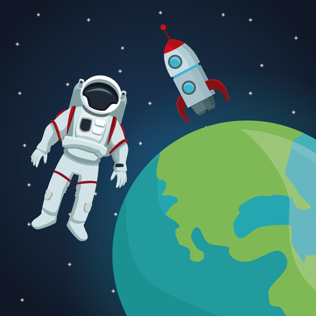 宇宙飛行士と地球の惑星のベクトル図のビューとロケット領域風景の背景の色 のイラスト素材 ベクタ Image 宇宙飛行士と地球の惑星のベクトル図のビューとロケット領域風景の背景の色 のイラスト素材 ベクタ Image