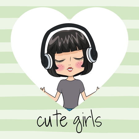 ヘッドフォンアイコンベクトルイラストグラフィックデザインのかわいい女の子のイラスト素材 ベクタ Image