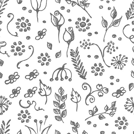 花、枝、葉、ドットとシームレスなベクトル パターン、青い手描き背景