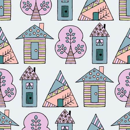 ベクターの手描きのシームレス パターンの装飾的な様式化された幼稚な木 家の落書きスタイル トライバル グラフィック イラスト観賞かわいい手書き 落書きのシリーズ スケッチのシームレスなパターンを漫画のイラスト素材 ベクタ Image