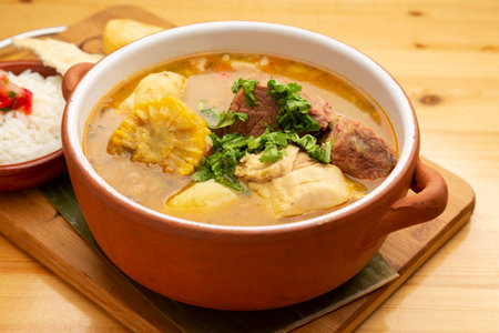 Sancocho is a traditional venezuelan and latin american soup or stew made with many types of beef, chicken with yuca plantain potato cassava and vegetables from the region