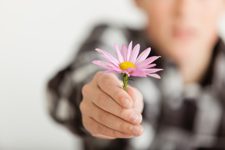 Close Up of Young Boy Handing Delicate Purple Daisy Flower Towards Camera with Diffuse View of Boy in Background - Generosity and Forgiveness Concept Image