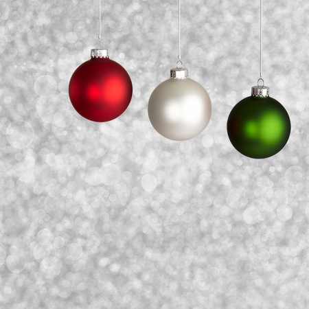 stock photo white red and green christmas ornaments on silver bokeh background - Red White Green Christmas Decor stock photo white red and green christmas ornaments on silver bokeh background - Red White Green Christmas Decor