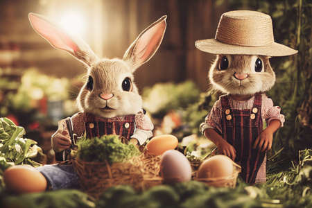 Rendu 3d d'un mignon petit paysan lapin vêtu d'une salopette, d'une chemise à carreaux, d'un chapeau de paille et de longues oreilles avec un équipement de fermier équipé dans un jardin plein de légumes et d'œufs de pâques.