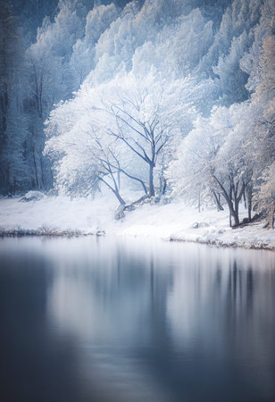 3d render of fir trees in mountains near icy lake. fog in the winter mountains. natural winter landscape. beautiful view on ice mountain lake in mist.