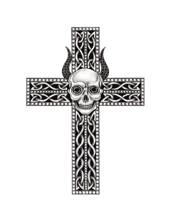 art design celtic cross mix devil skull hand pencil drawing on