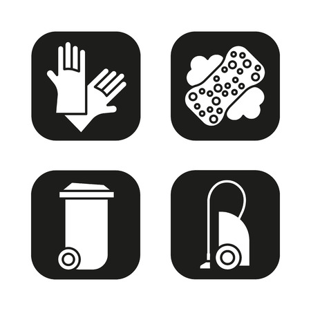 クリーニング機器のアイコンを設定します 掃除機 ゴミ箱 スポンジ フォーム ラテックスの手袋を ベクトル ホワイトは 黒い正方形のイラストをシルエットします のイラスト素材 ベクタ Image