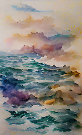 山の水彩画と海の風景の写真素材・画像素材 Image 68703462