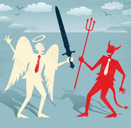 レトロの素晴らしいイラスト スタイルの悪魔と善と悪の戦いを戦って天使として抽象的なビジネスマン のイラスト素材 ベクタ Image レトロの素晴らしいイラスト スタイルの悪魔と善と悪の戦いを戦って天使として抽象的なビジネスマン のイラスト素材 ベクタ Image