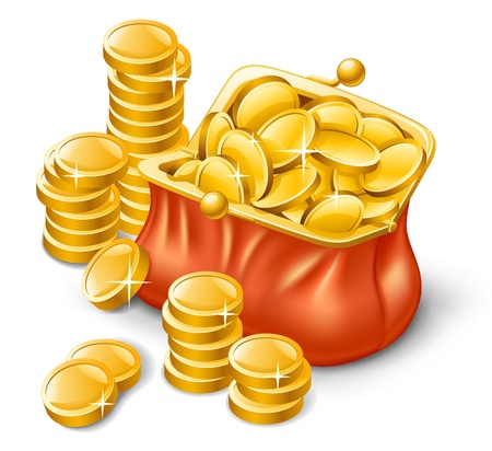 Bag of gold coins: Vector hình minh họa của chiếc ví đầy tiền xu trên nền trắng