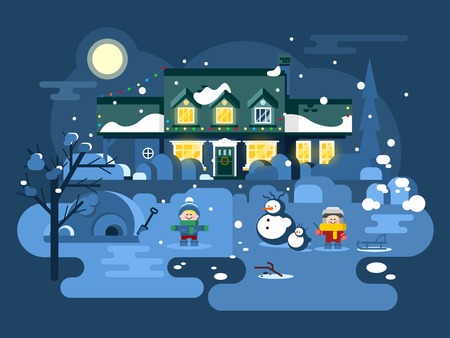 冬の夜の子供は遊ぶ クリスマス 雪と遊び 男の子女の子とクリスマス フラットのベクトル図 のイラスト素材 ベクタ Image